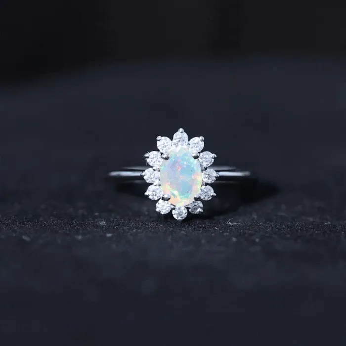 1.25 CT Princess Diana Inspired Oval Shape Ethiopian Opal Engagement Ring Diamond Halo