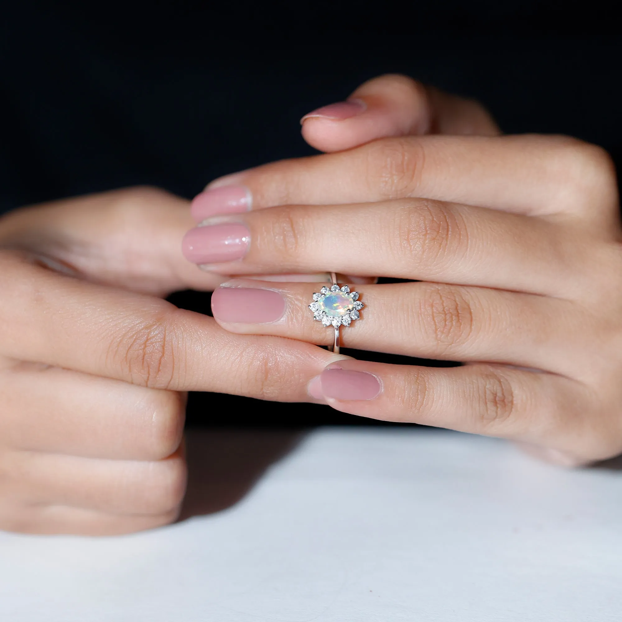 1.25 CT Princess Diana Inspired Oval Shape Ethiopian Opal Engagement Ring Diamond Halo