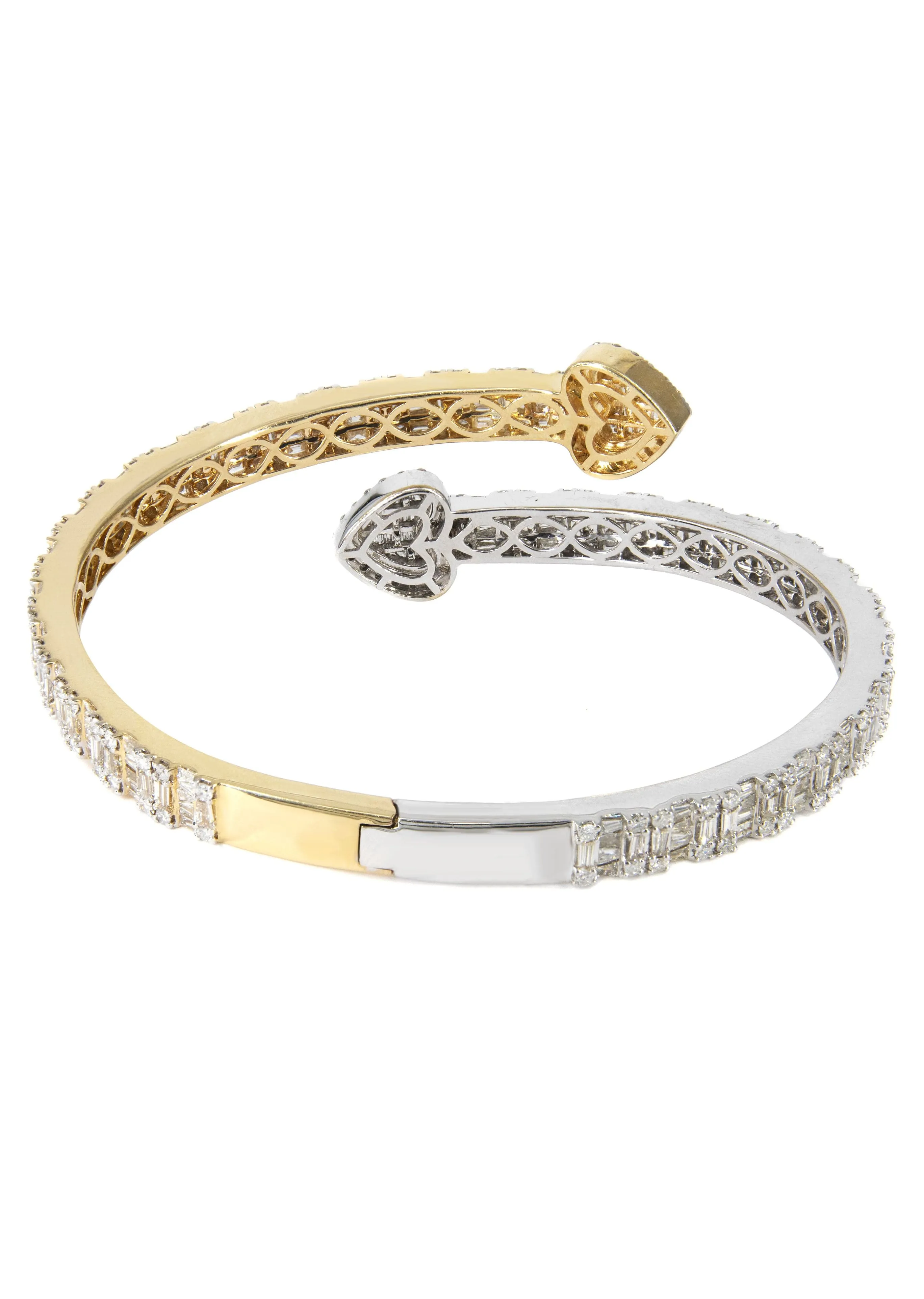 14K Two Tone Diamond Baguette Heart Bangle | 36.05 Grams | 9.97 Carats