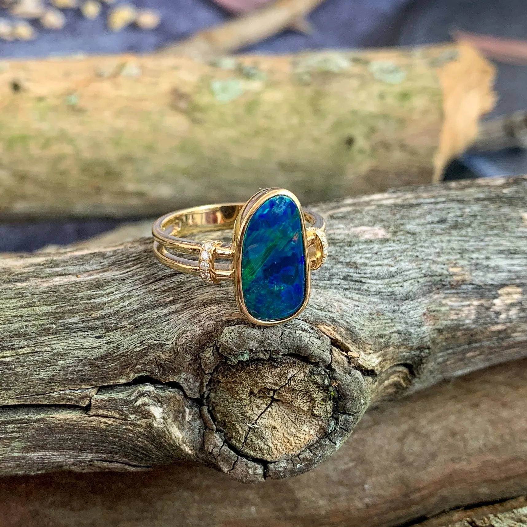14kt Yellow Gold double row shank with one Opal doublet Blue Green and diamond ring