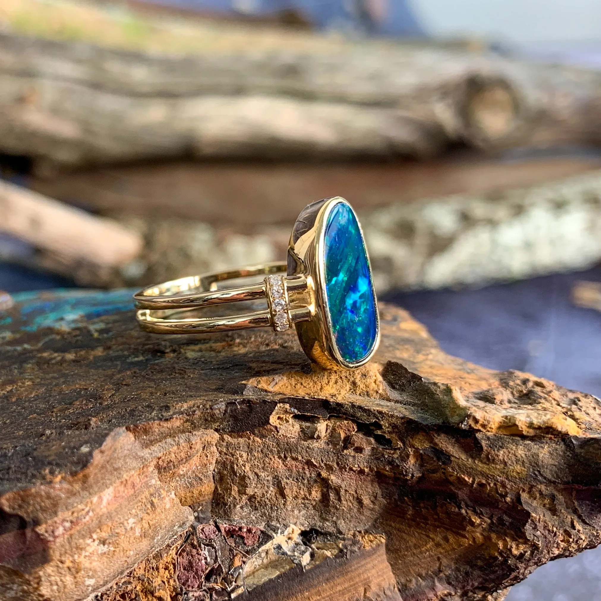 14kt Yellow Gold double row shank with one Opal doublet Blue Green and diamond ring