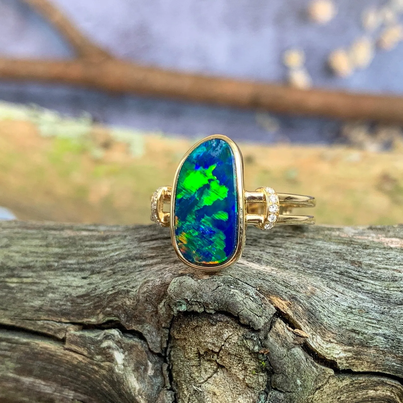 14kt Yellow Gold double row shank with one Opal doublet Blue Green and diamond ring