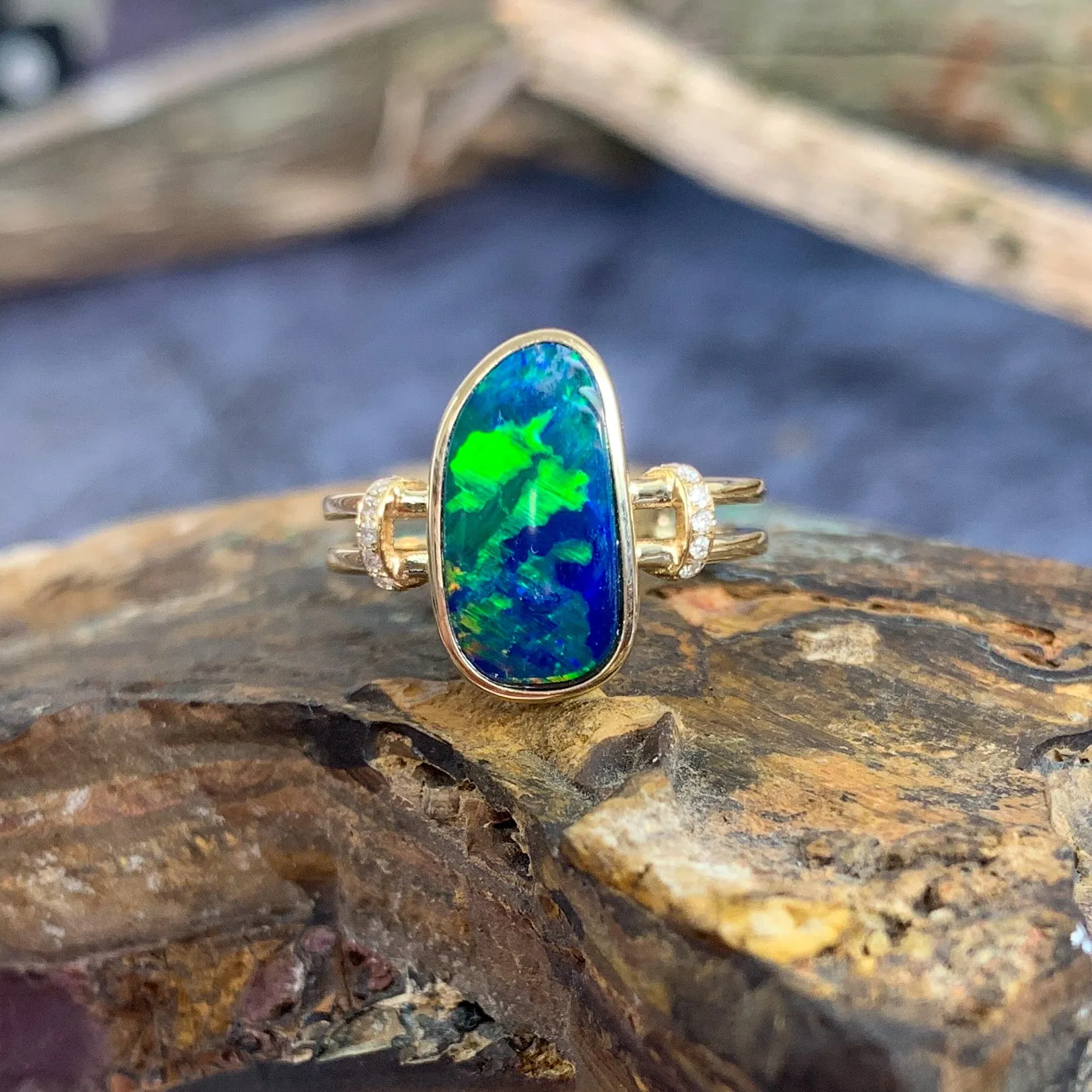 14kt Yellow Gold double row shank with one Opal doublet Blue Green and diamond ring