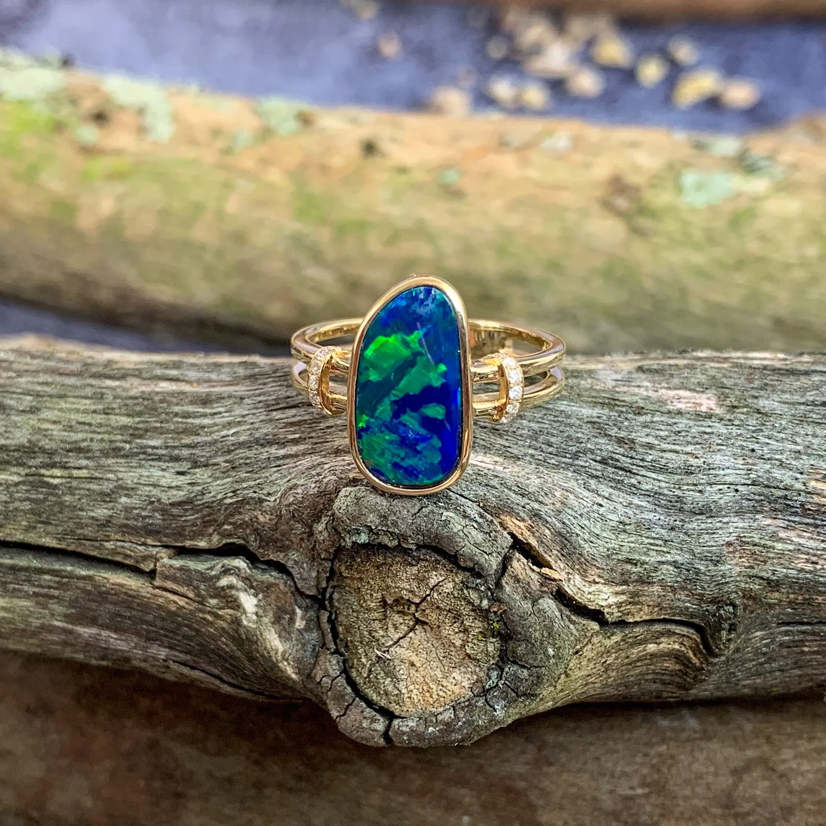 14kt Yellow Gold double row shank with one Opal doublet Blue Green and diamond ring