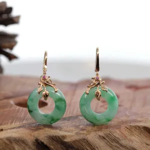 18k Rose Gold "Good Luck Birdie" genuine Green Jadeite Jade Earrings & Diamond