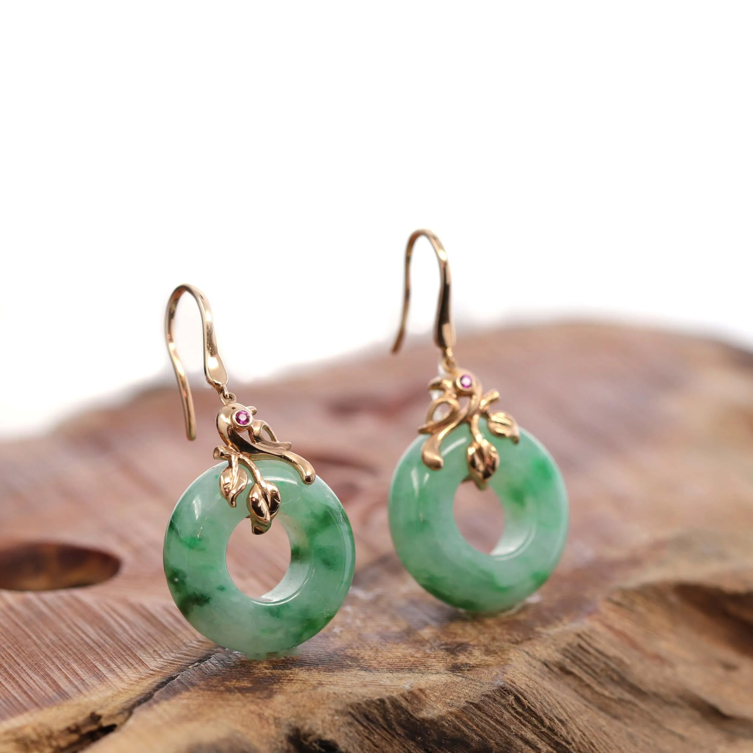 18k Rose Gold "Good Luck Birdie" genuine Green Jadeite Jade Earrings & Diamond
