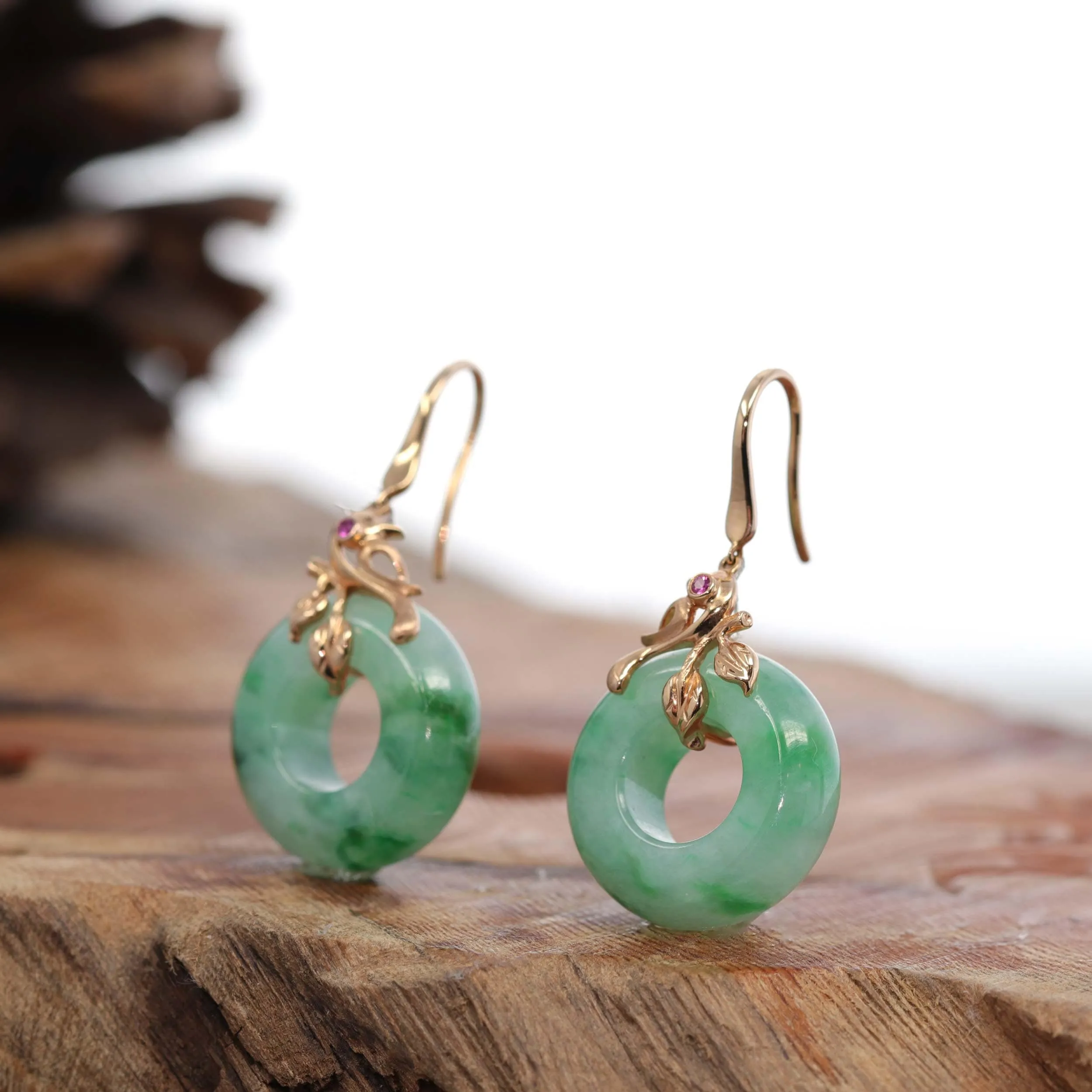 18k Rose Gold "Good Luck Birdie" genuine Green Jadeite Jade Earrings & Diamond