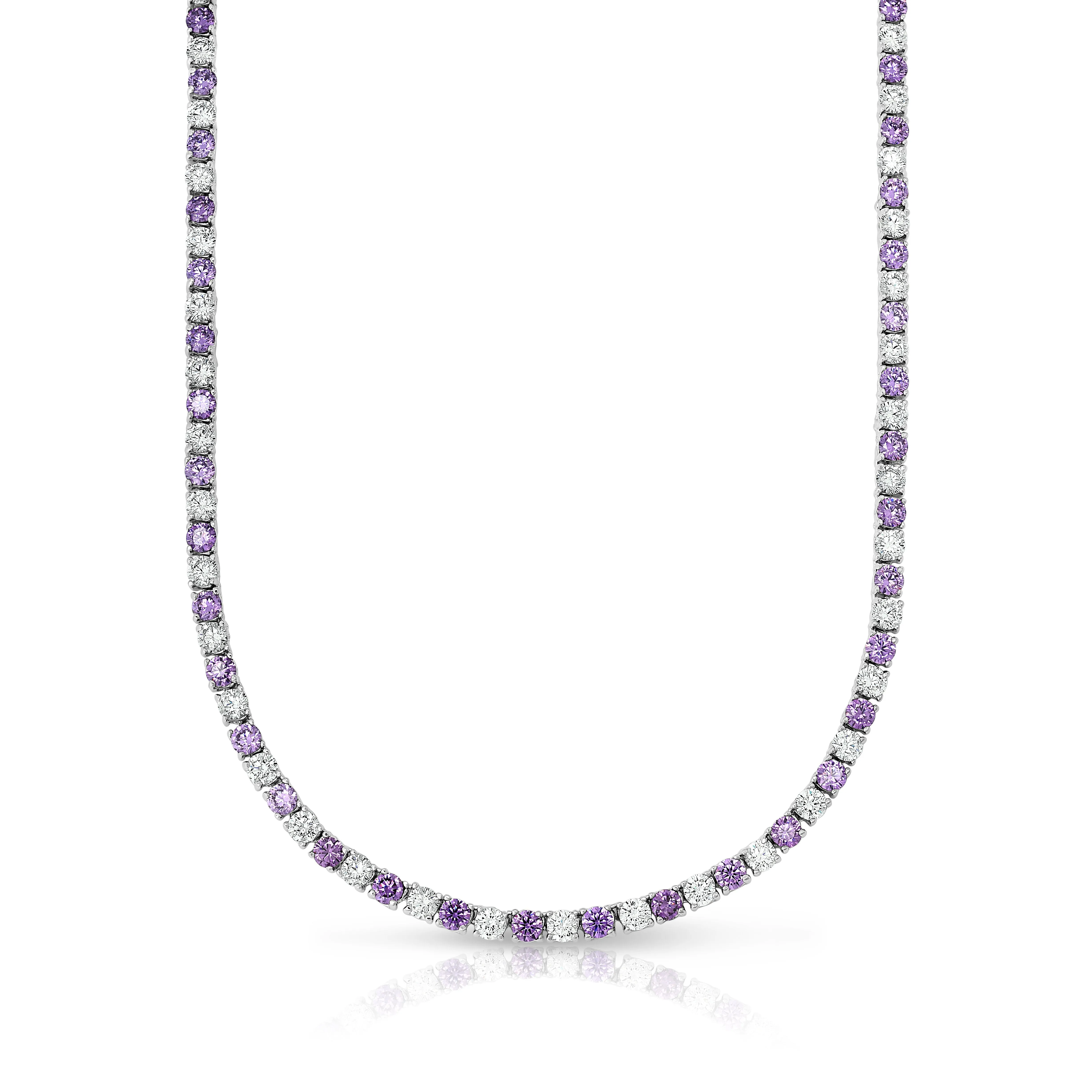 18K White Gold Amethyst Tennis Necklace 22.00 CTTW with Cubic Zirconia Stones