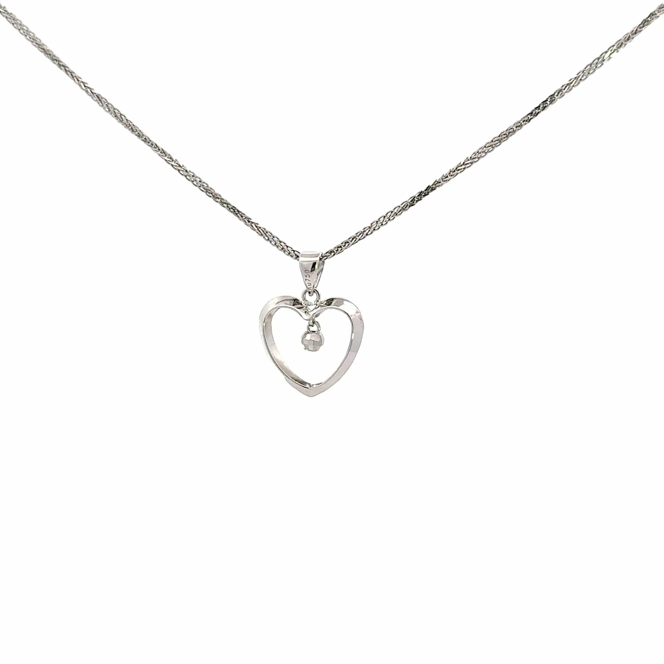 18K White Gold Diamond Cut Heart Pendant Necklace