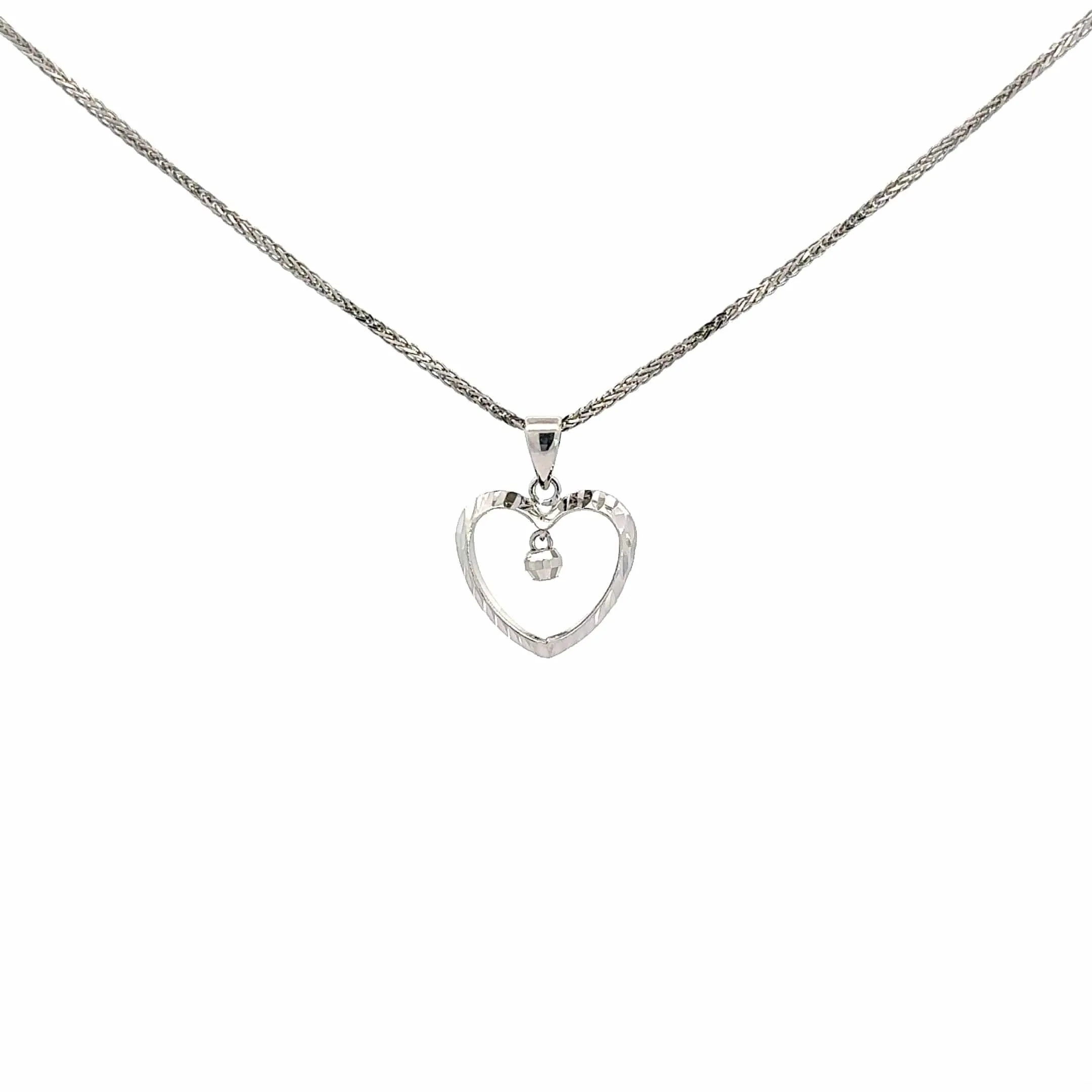 18K White Gold Diamond Cut Heart Pendant Necklace
