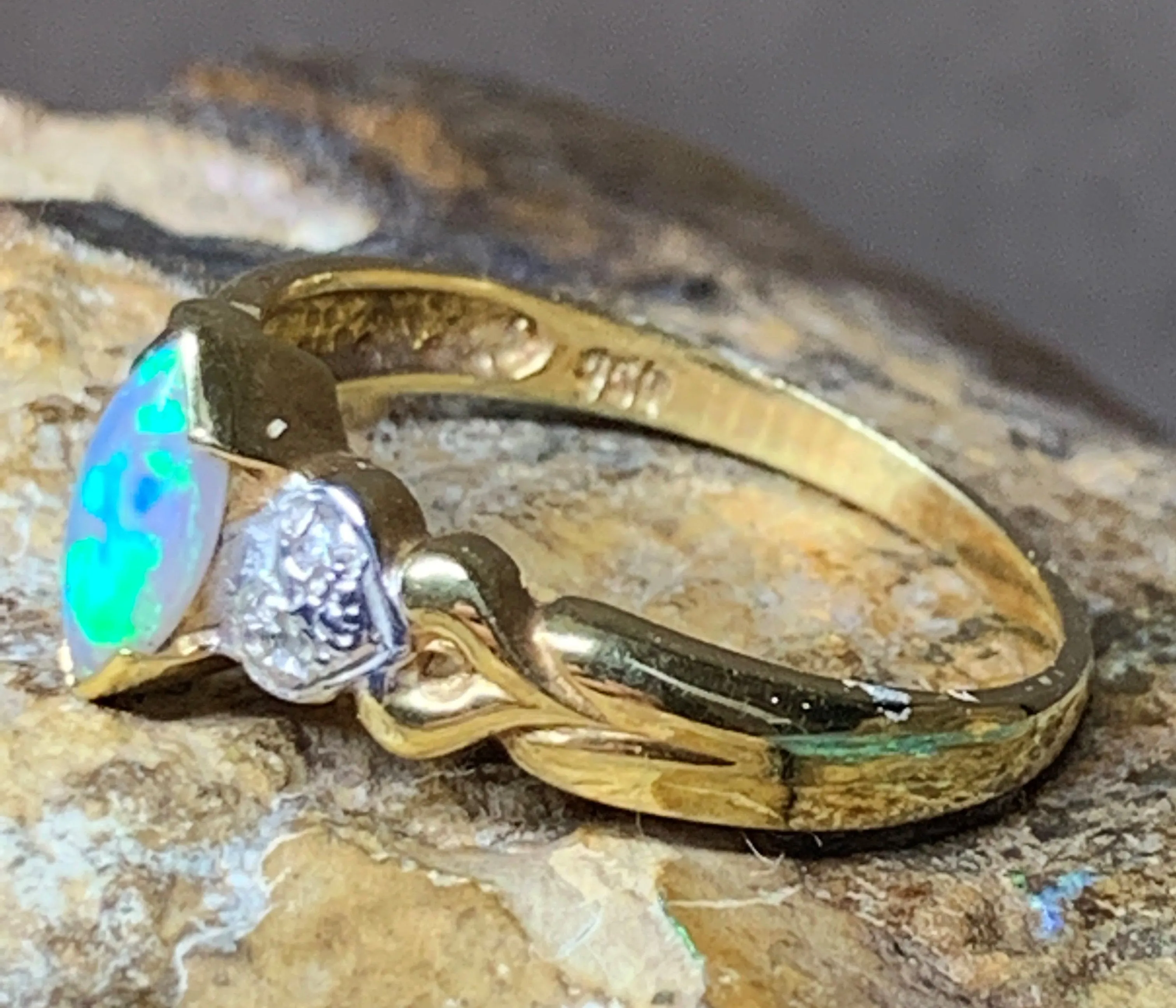 18kt Yellow Gold Black Crystal Opal and Diamond ring
