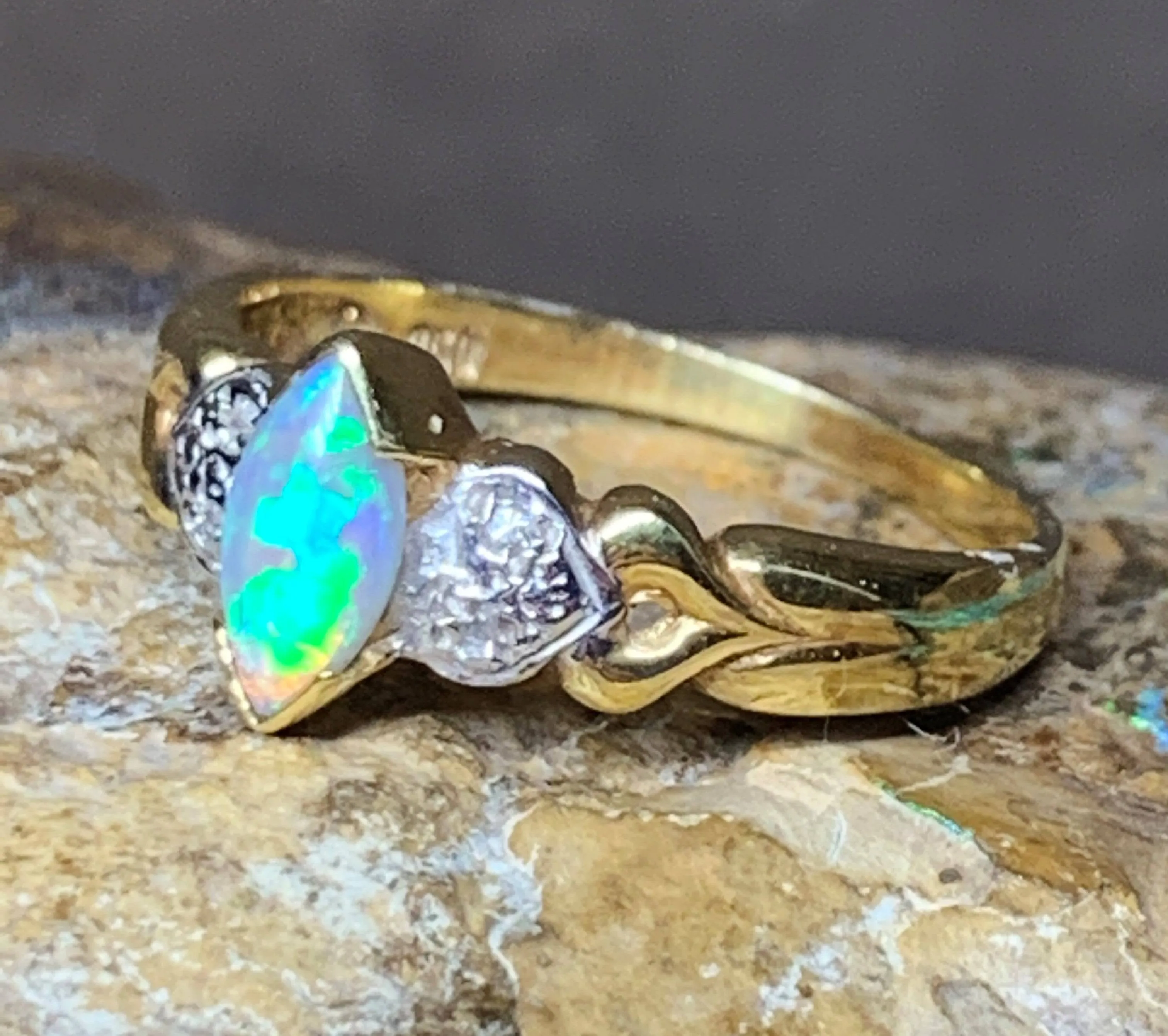 18kt Yellow Gold Black Crystal Opal and Diamond ring