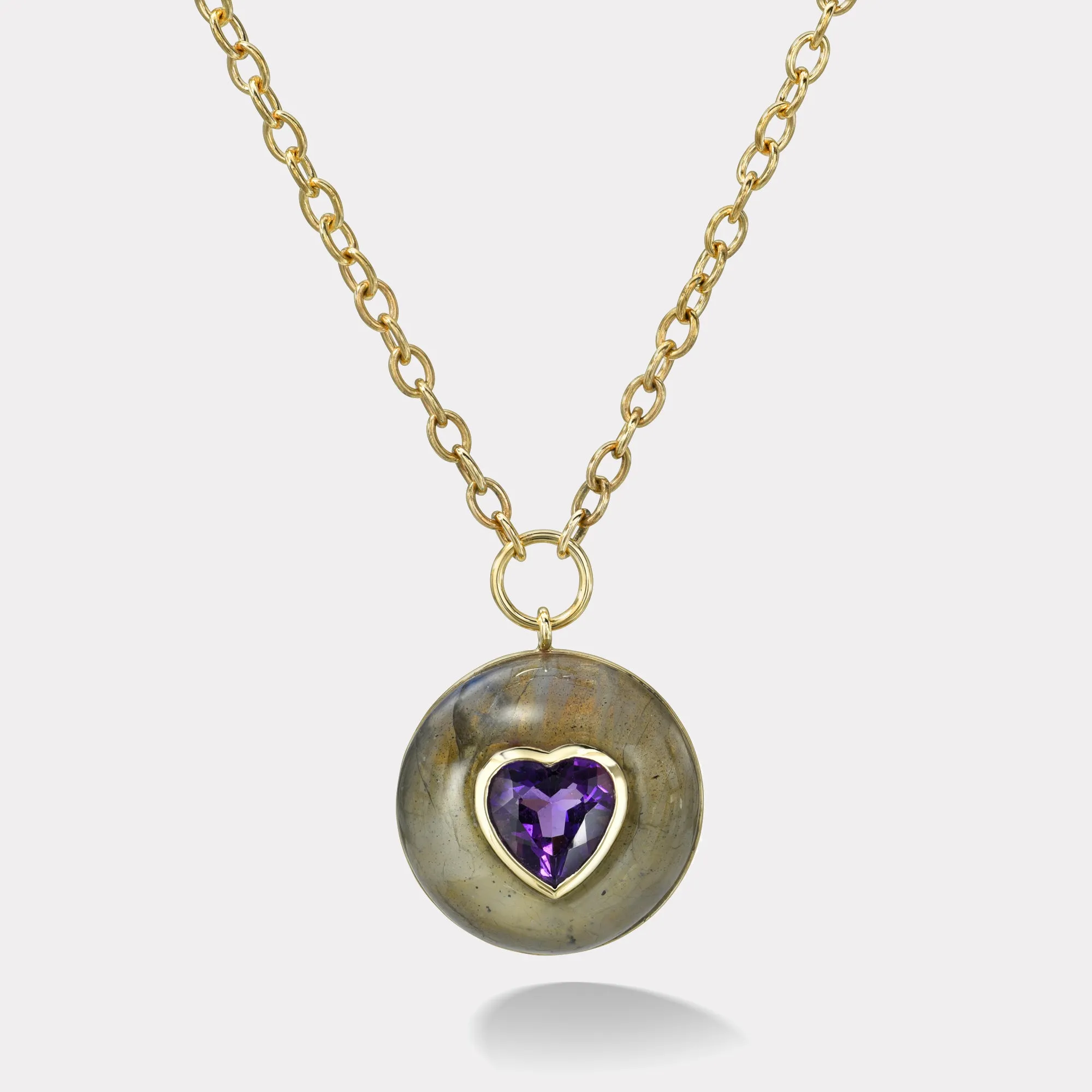 2.37ct Heart Amethyst in Hand Carved Labradorite Lollipop Pendant