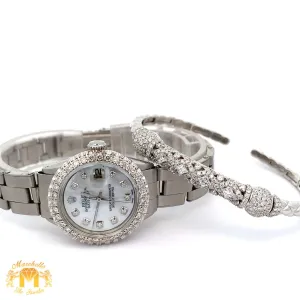 4 piece deal: Ladies`26mm Rolex Diamond Watch with Stainless Steel Oyster Band   LIMITED EDITION 18k White Gold and Diamond Bangle   Gift Diamond Earrings   Gift