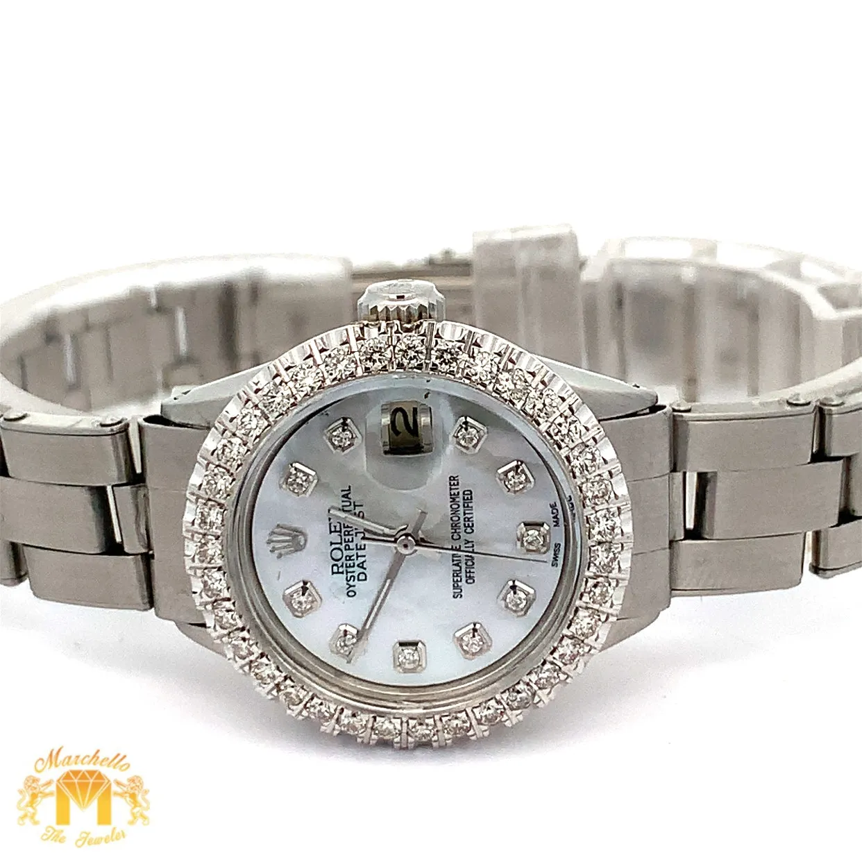 4 piece deal: Ladies`26mm Rolex Diamond Watch with Stainless Steel Oyster Band   LIMITED EDITION 18k White Gold and Diamond Bangle   Gift Diamond Earrings   Gift
