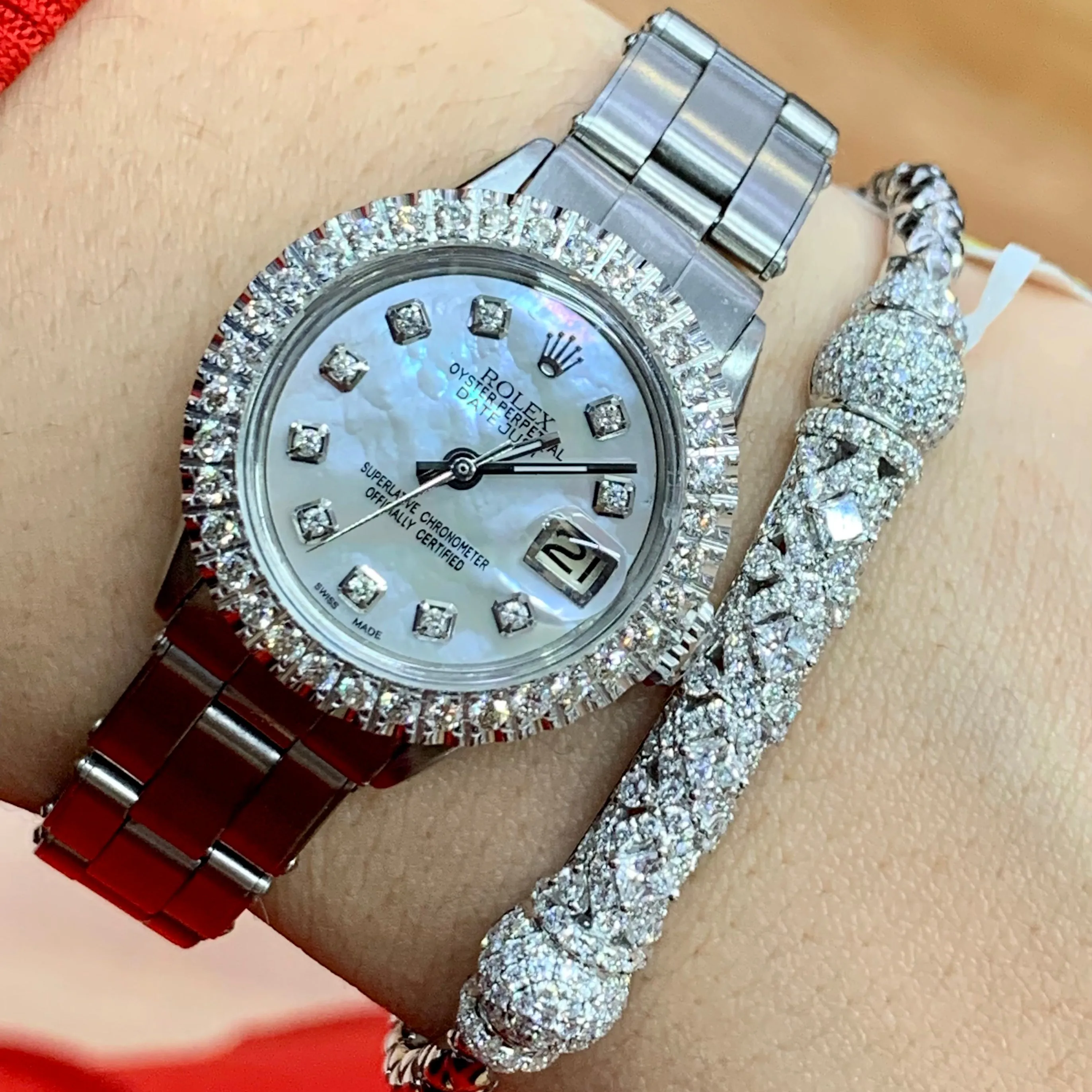 4 piece deal: Ladies`26mm Rolex Diamond Watch with Stainless Steel Oyster Band   LIMITED EDITION 18k White Gold and Diamond Bangle   Gift Diamond Earrings   Gift