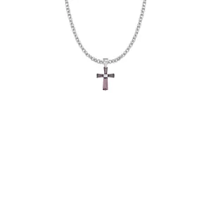 5/8 Inch Sterling Silver and Glass Crystal February Birthstone Baguette Cross Necklace