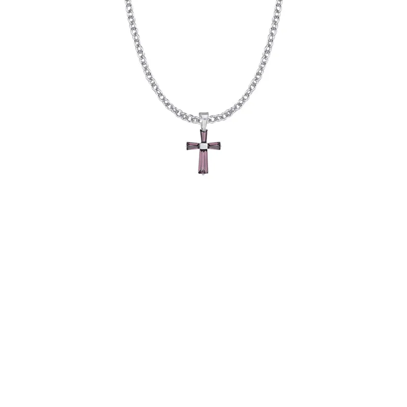 5/8 Inch Sterling Silver and Glass Crystal First Communion February Birthstone Baguette Cross Necklace
