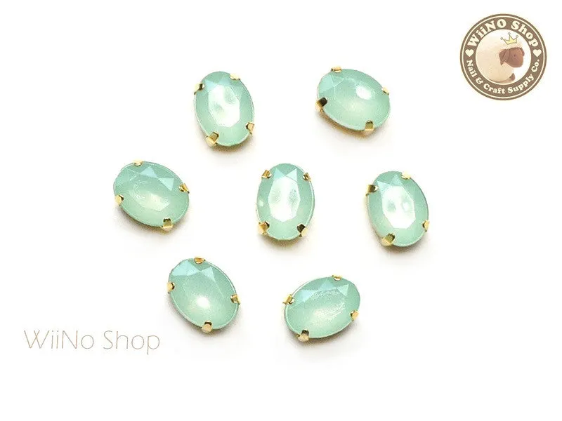 6 x 8mm Mint Opal Oval Acrylic Rhinestone with Setting - 5 pcs