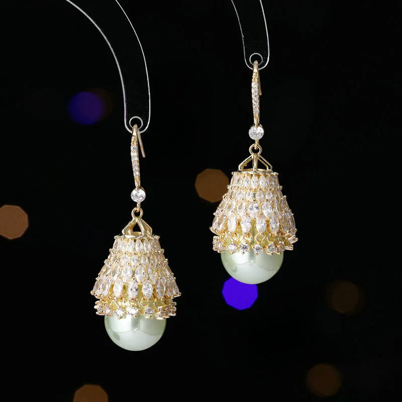 925 Silver Needles Vintage Pearl Skirt Shape Design Shining Boho Earrings