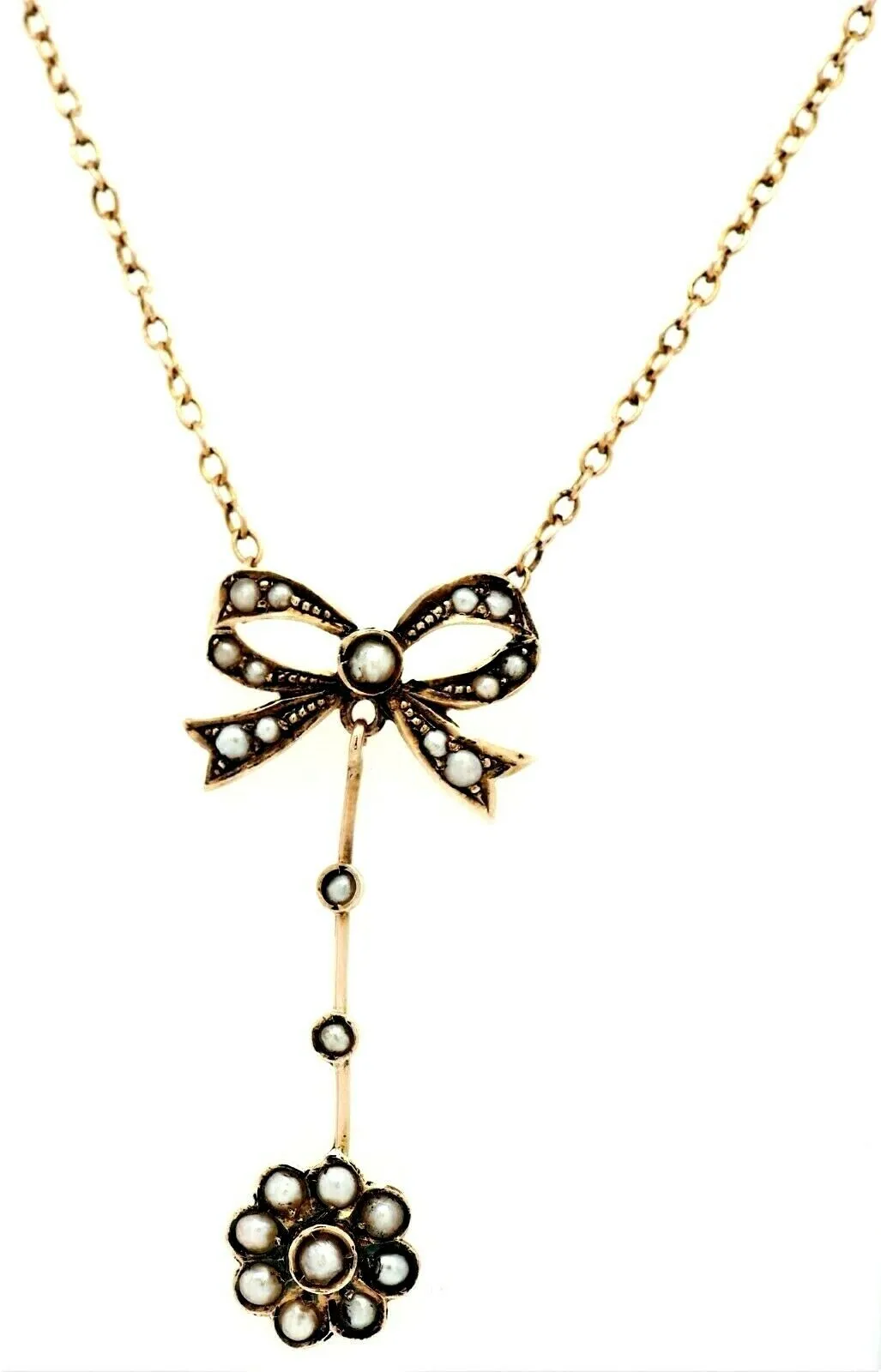 9ct Yellow Gold Vintage Bow Tie & Pearl Centrepiece Cable Link Chain Necklace