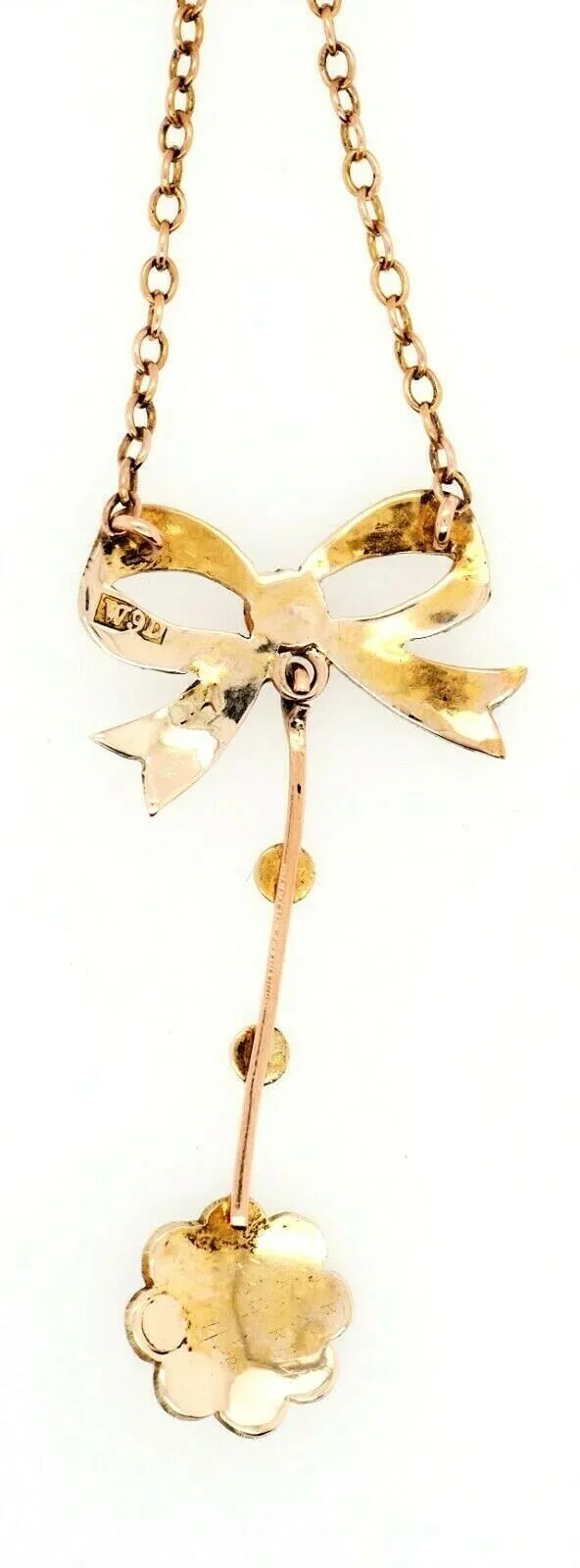 9ct Yellow Gold Vintage Bow Tie & Pearl Centrepiece Cable Link Chain Necklace