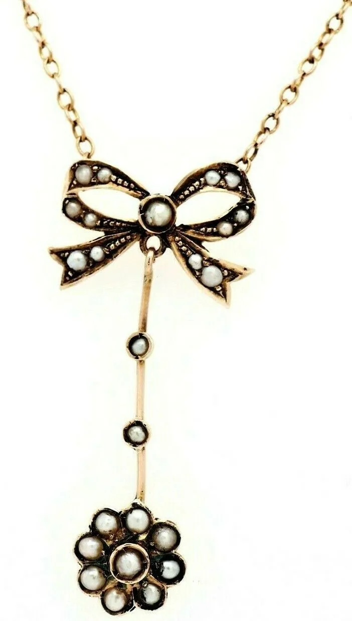9ct Yellow Gold Vintage Bow Tie & Pearl Centrepiece Cable Link Chain Necklace