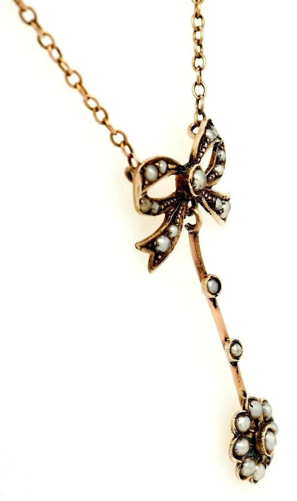 9ct Yellow Gold Vintage Bow Tie & Pearl Centrepiece Cable Link Chain Necklace