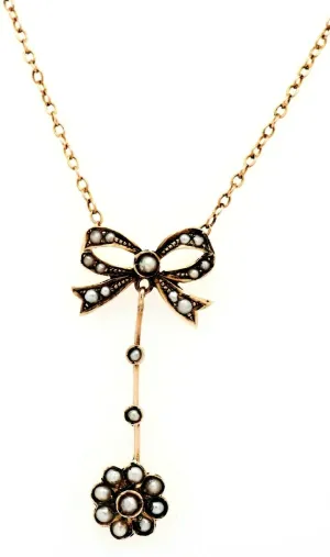 9ct Yellow Gold Vintage Bow Tie & Pearl Centrepiece Cable Link Chain Necklace