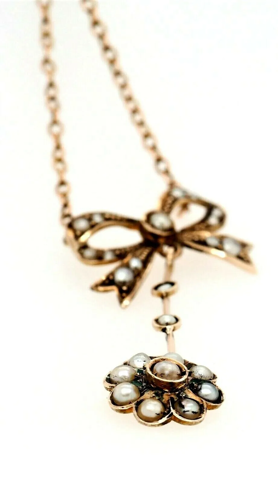 9ct Yellow Gold Vintage Bow Tie & Pearl Centrepiece Cable Link Chain Necklace