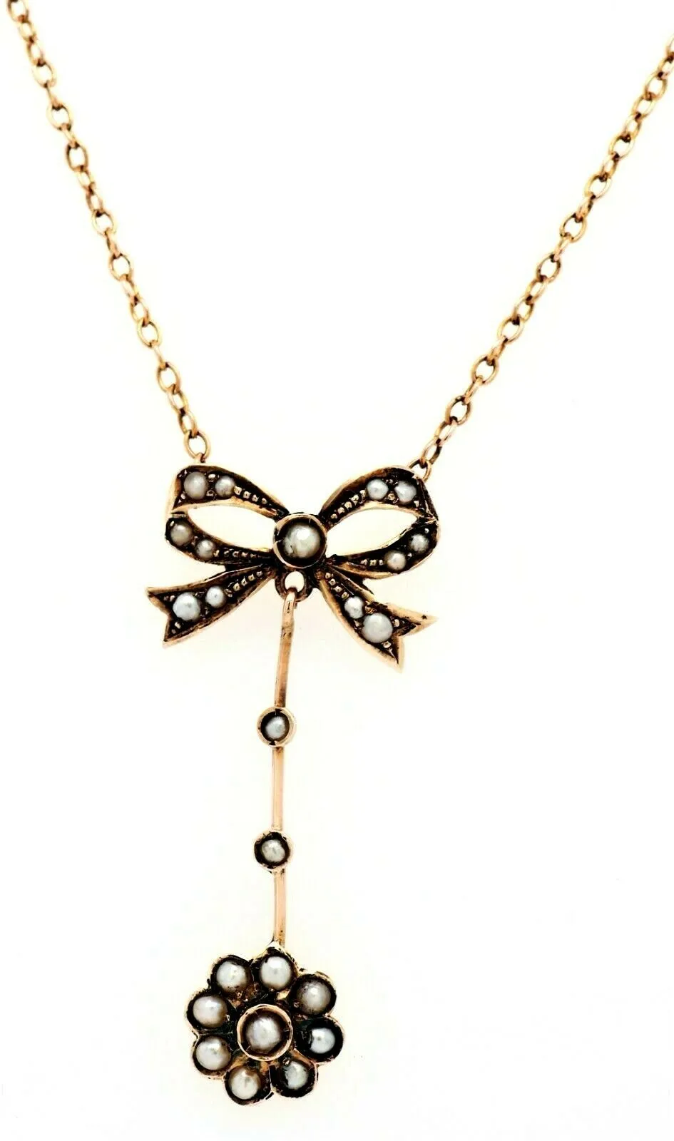 9ct Yellow Gold Vintage Bow Tie & Pearl Centrepiece Cable Link Chain Necklace
