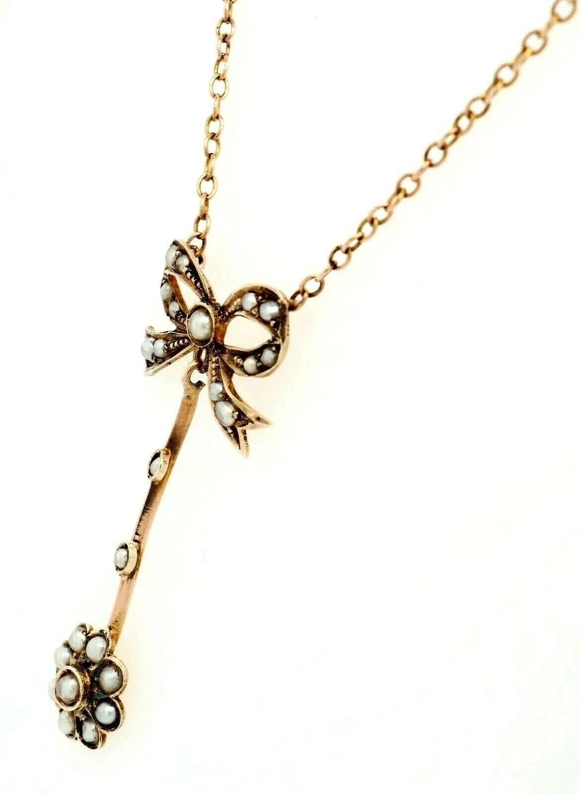 9ct Yellow Gold Vintage Bow Tie & Pearl Centrepiece Cable Link Chain Necklace