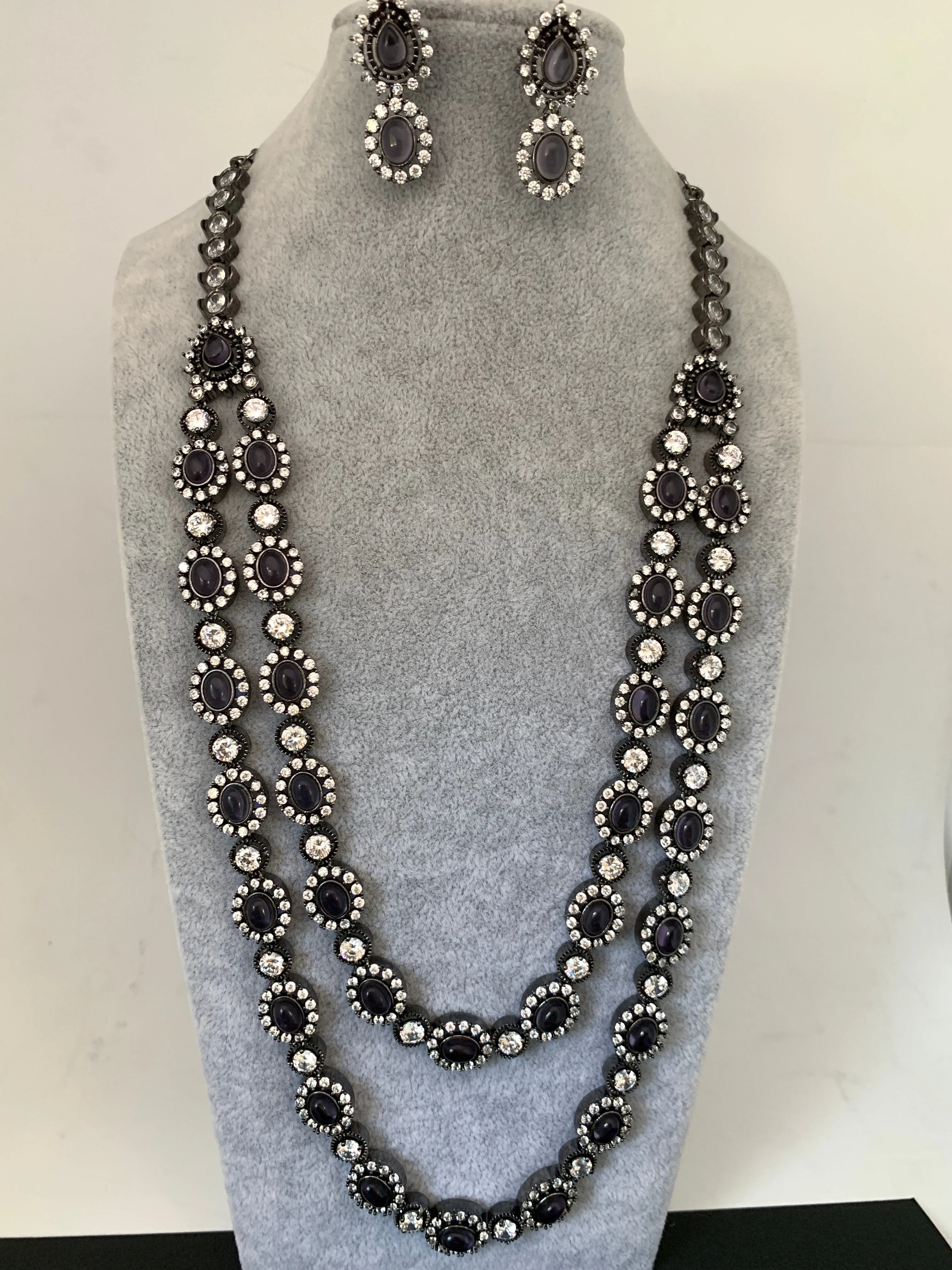 AD Amethyst Purple Stone Victorian Double Line Long Necklace