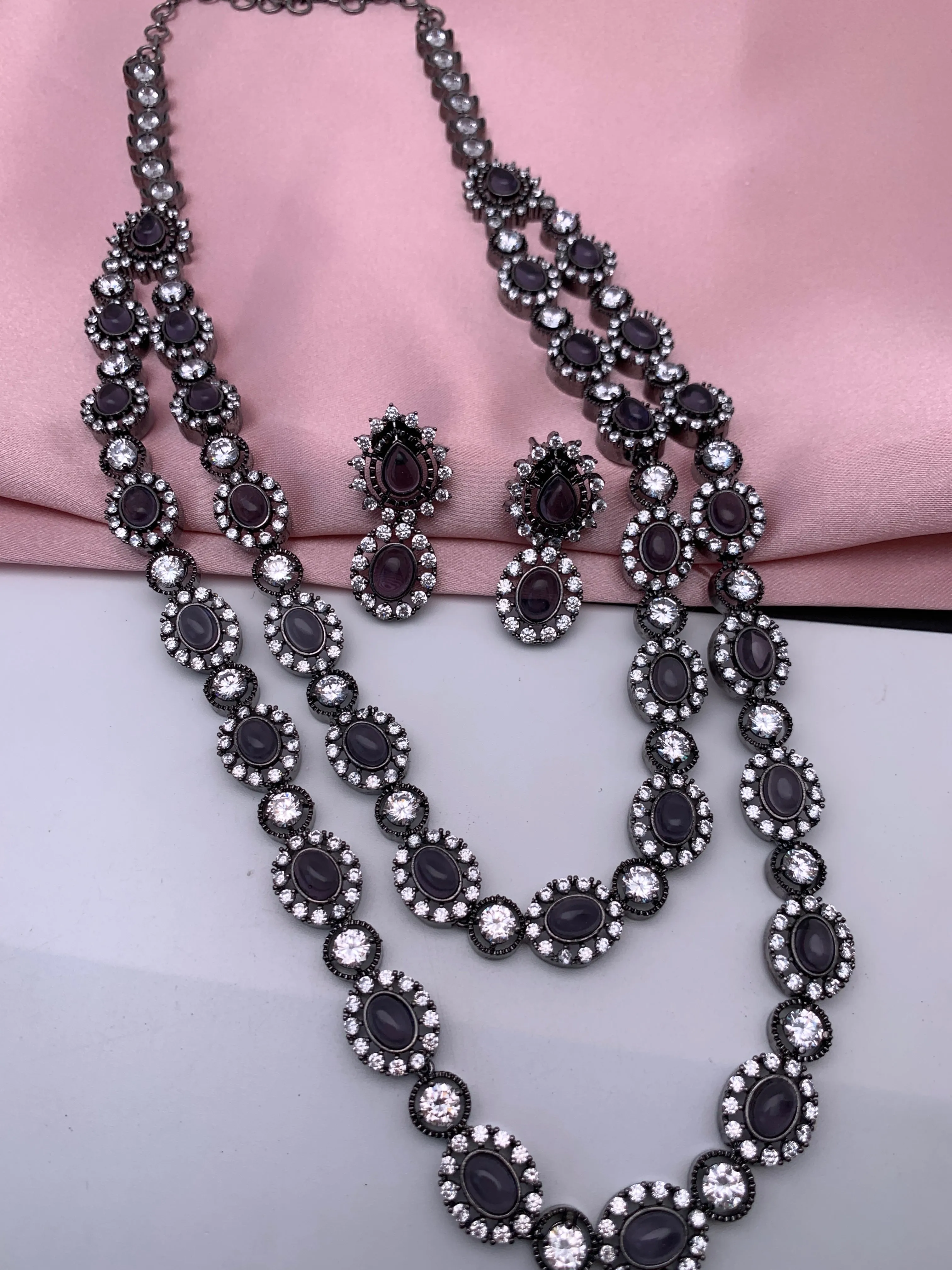 AD Amethyst Purple Stone Victorian Double Line Long Necklace