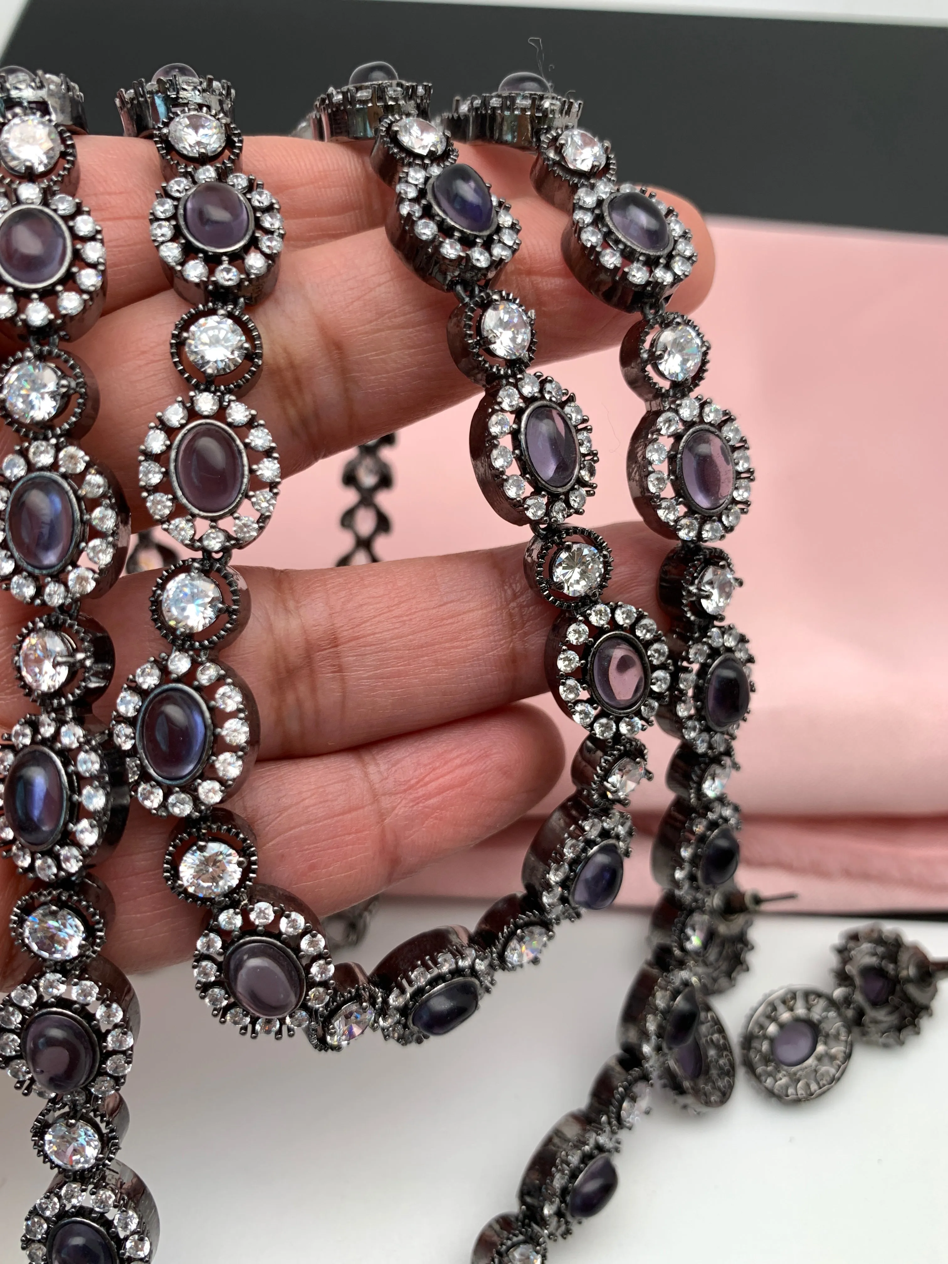 AD Amethyst Purple Stone Victorian Double Line Long Necklace