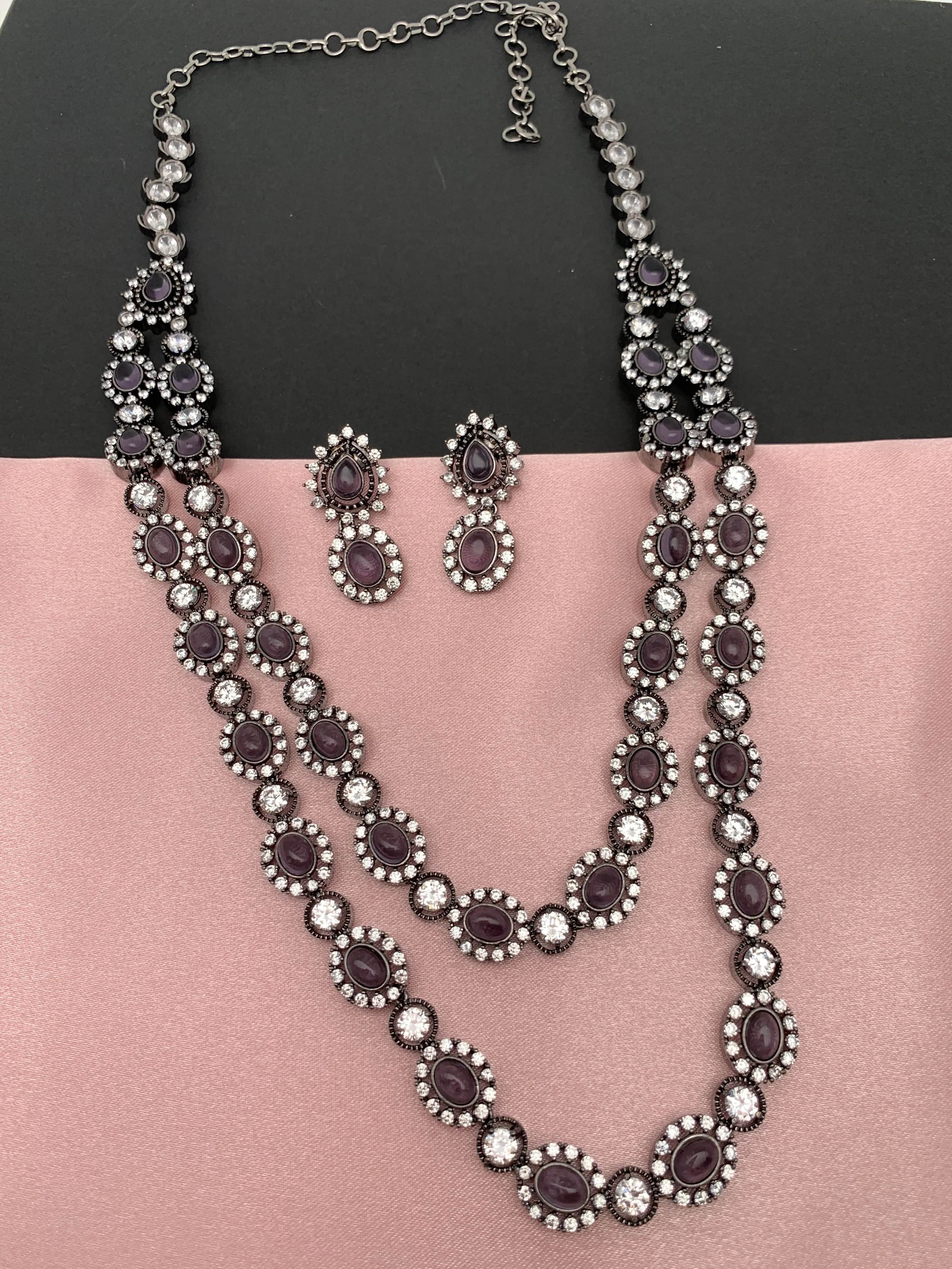 AD Amethyst Purple Stone Victorian Double Line Long Necklace