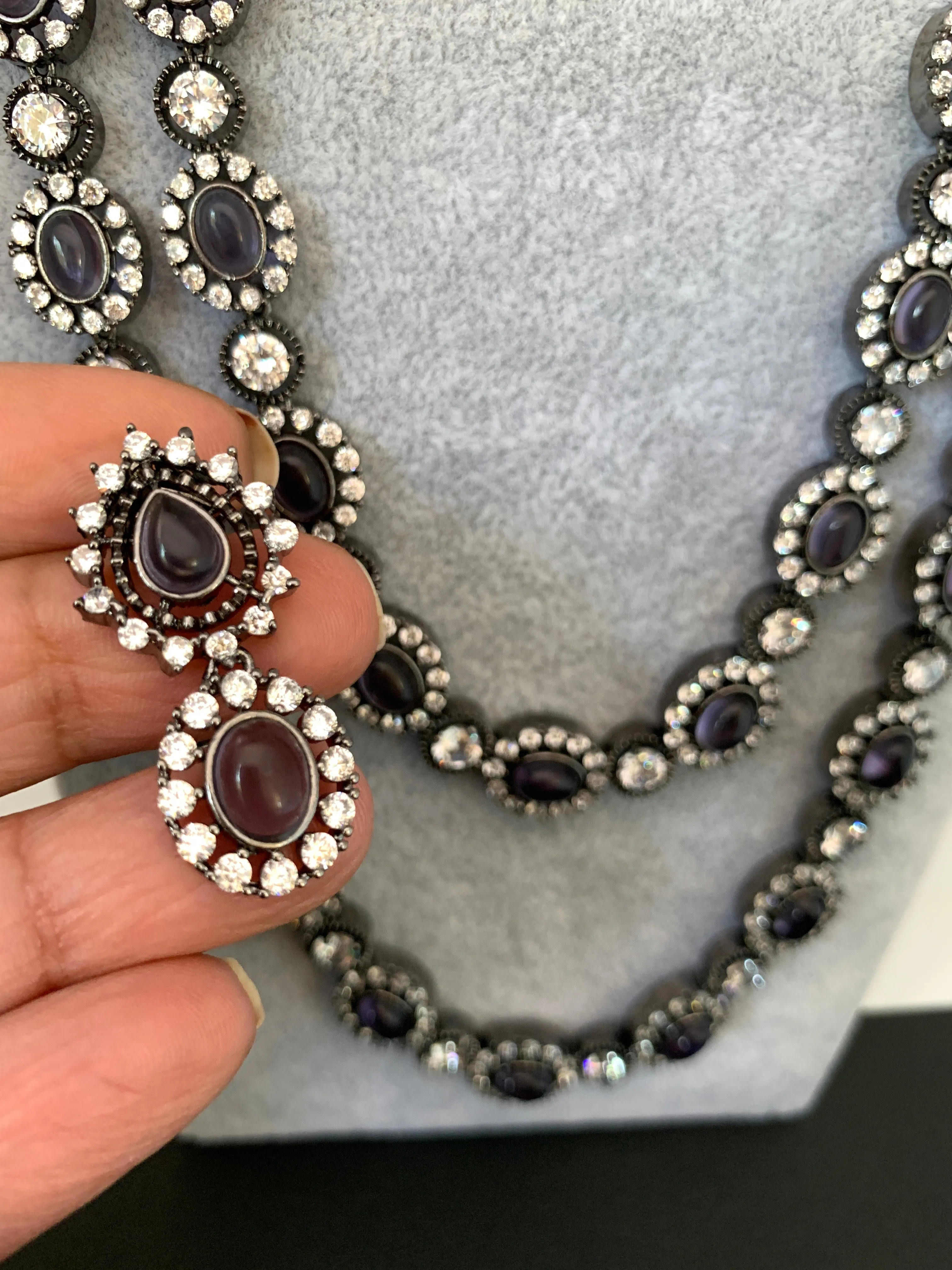 AD Amethyst Purple Stone Victorian Double Line Long Necklace
