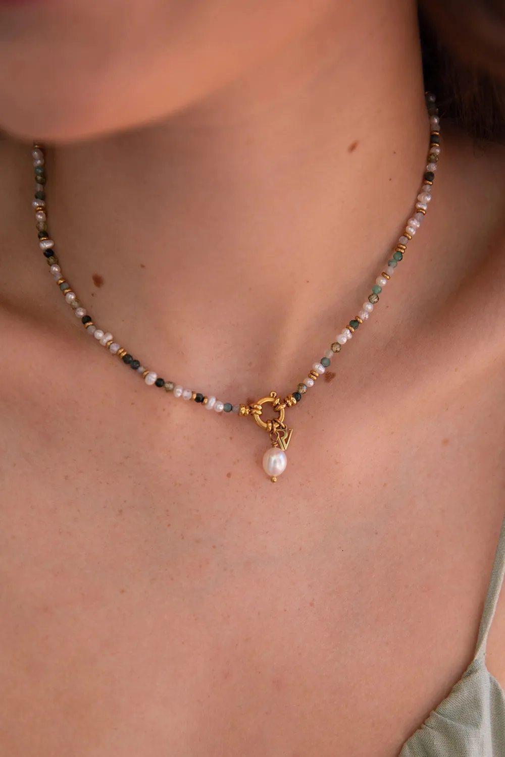 Amalfi Green Bead Necklace 14K Gold Plated