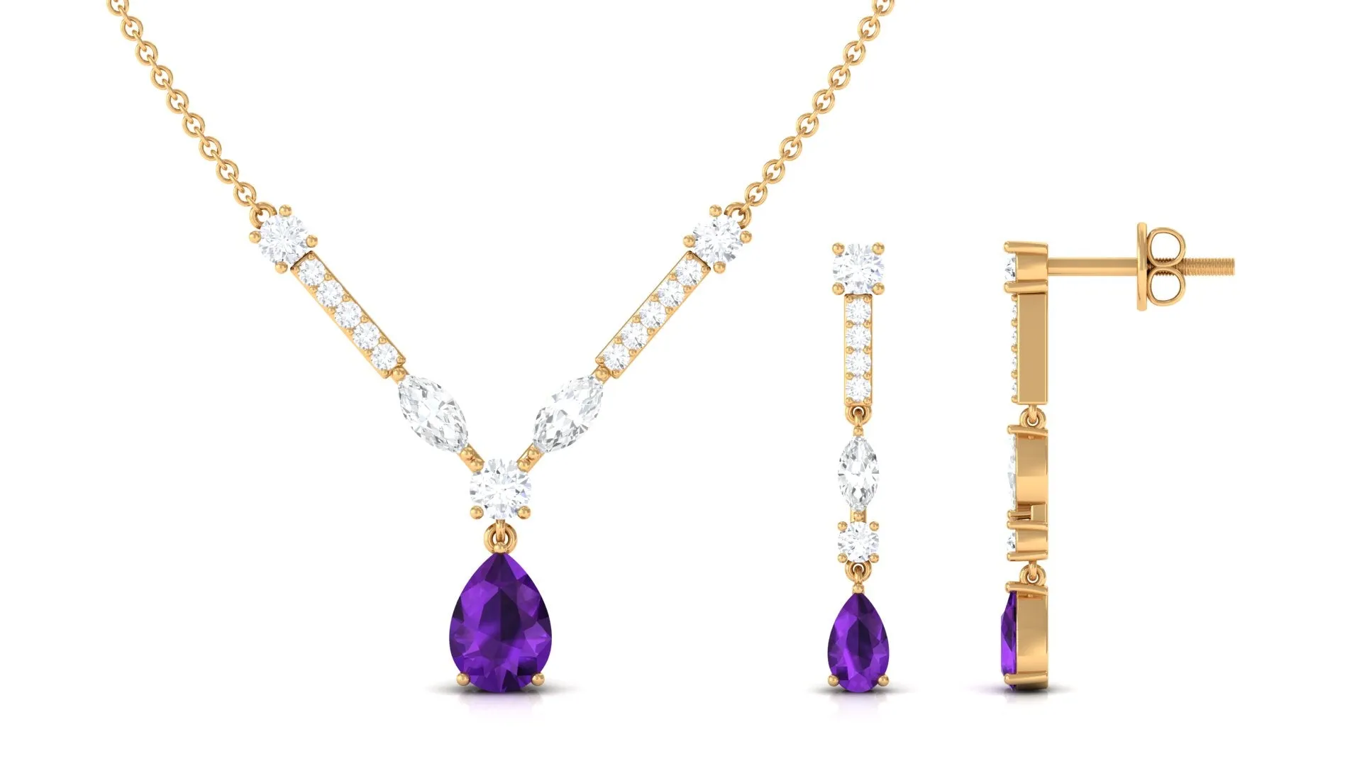 Amethyst and Moissanite Drop Necklace Earrings Set