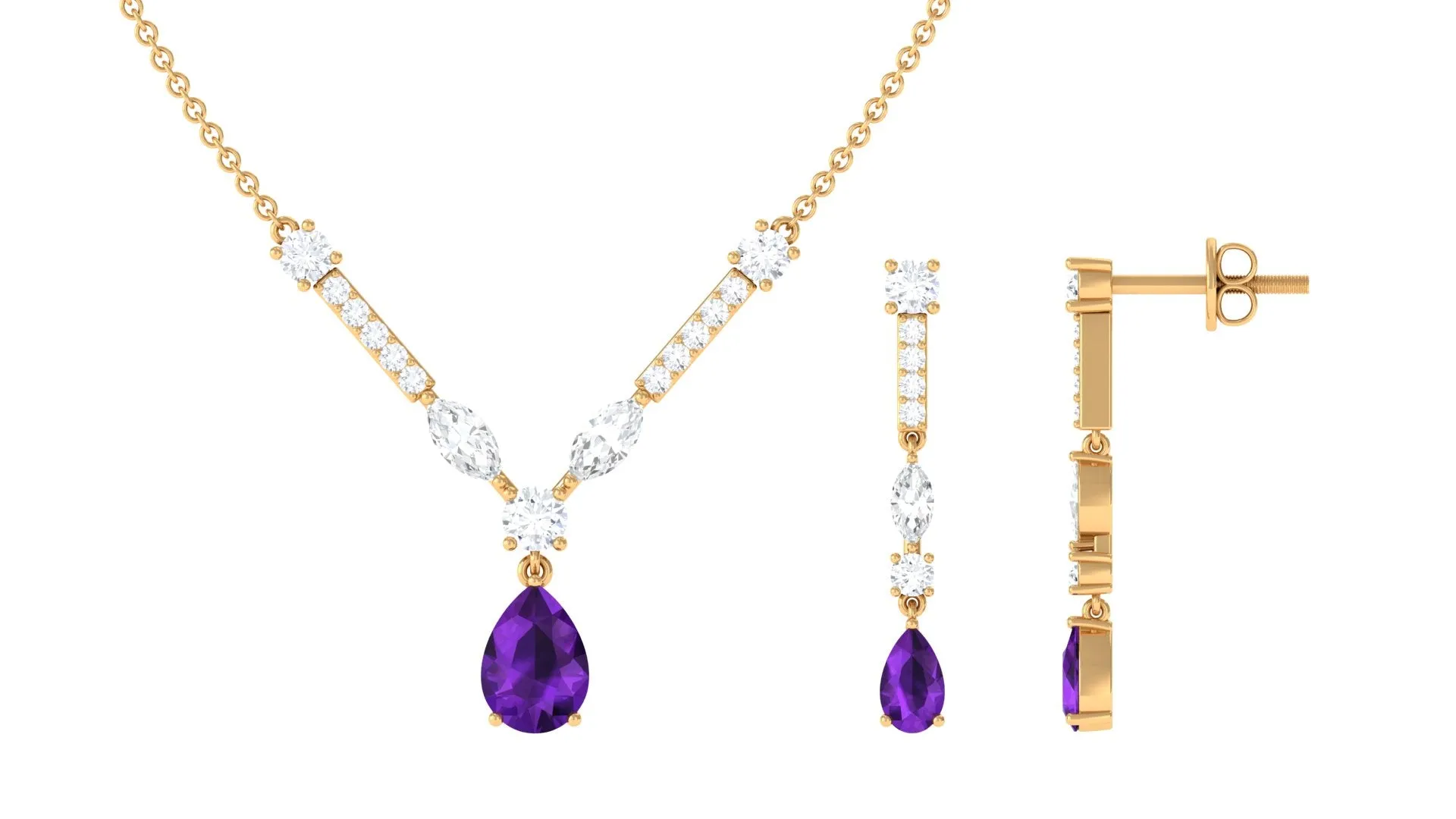 Amethyst and Moissanite Drop Necklace Earrings Set