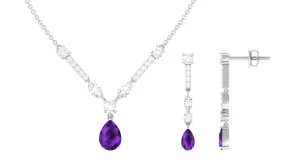 Amethyst and Moissanite Drop Necklace Earrings Set