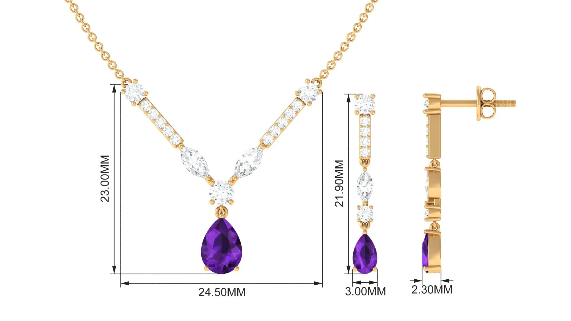 Amethyst and Moissanite Drop Necklace Earrings Set