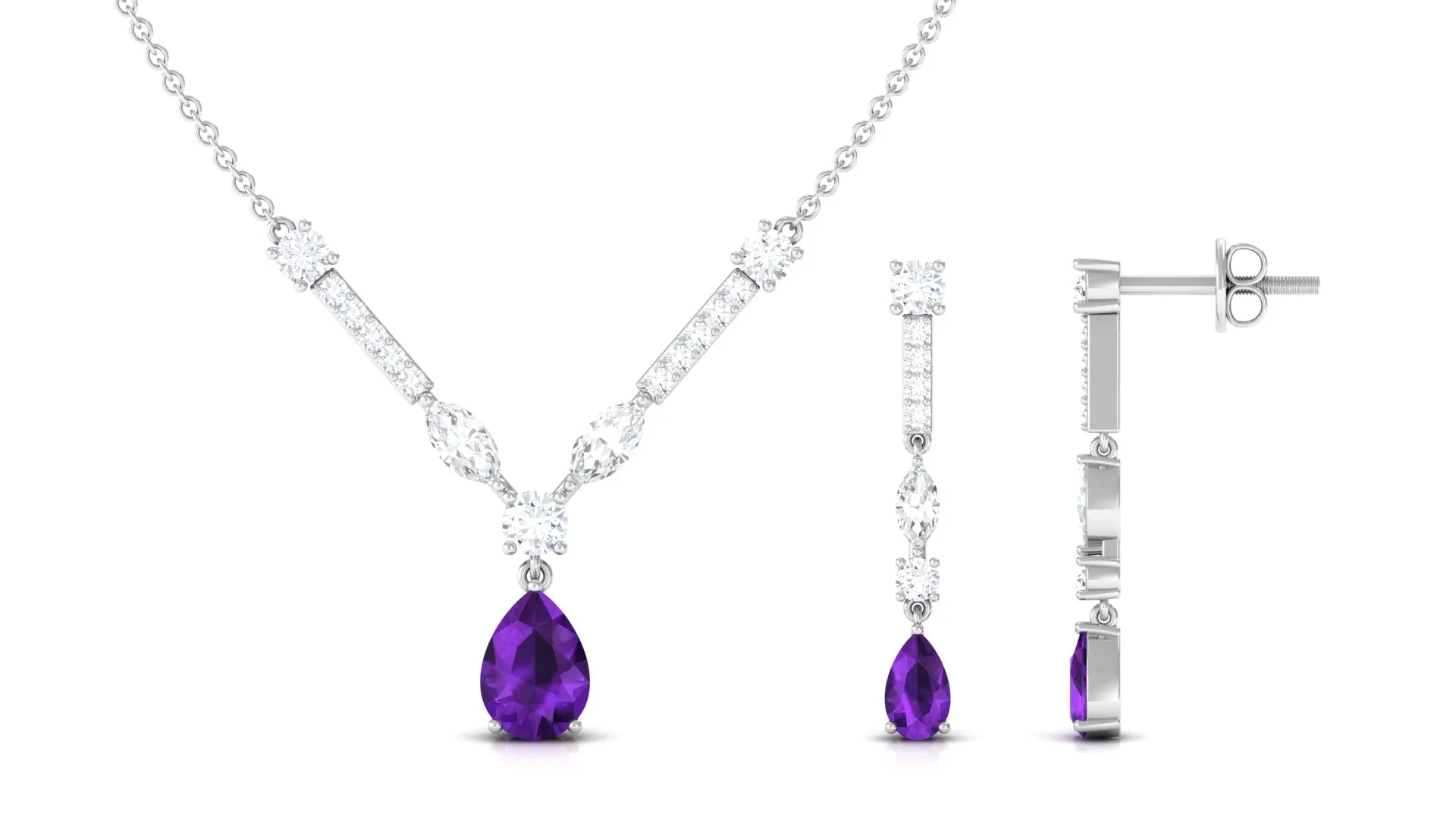 Amethyst and Moissanite Drop Necklace Earrings Set