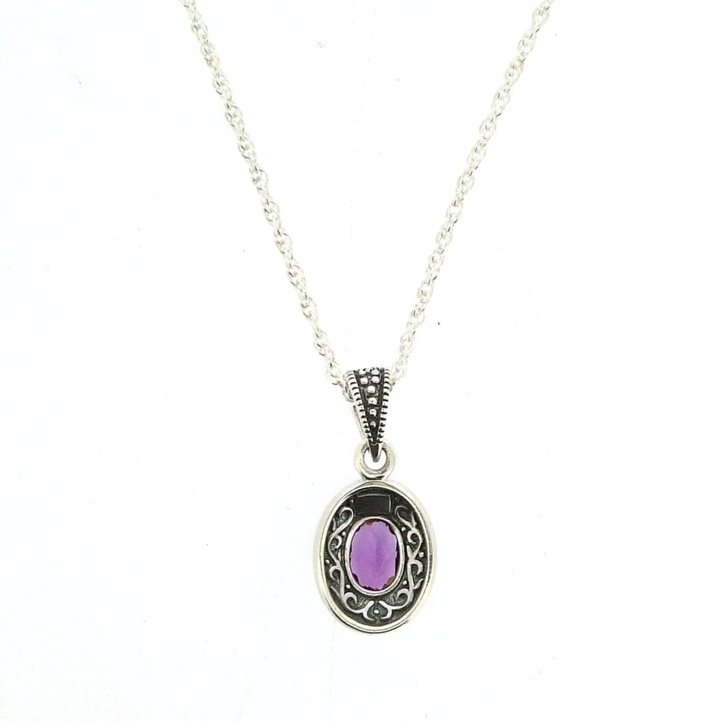 Amethyst Purple Pendant Necklace Silver Marcasite on chain
