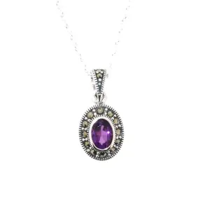 Amethyst Purple Pendant Necklace Silver Marcasite on chain