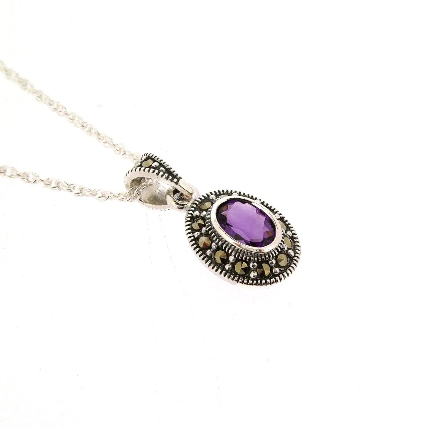 Amethyst Purple Pendant Necklace Silver Marcasite on chain