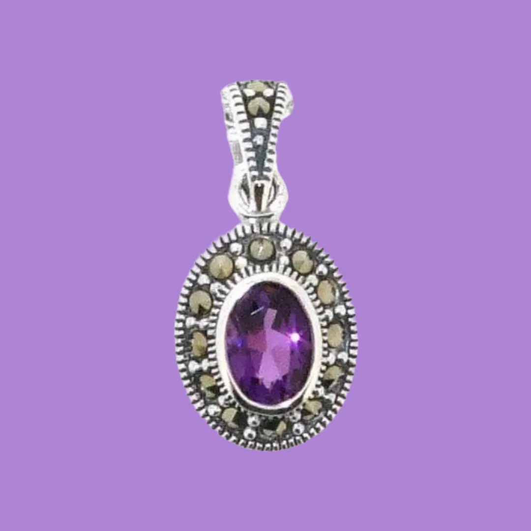 Amethyst Purple Pendant Necklace Silver Marcasite on chain