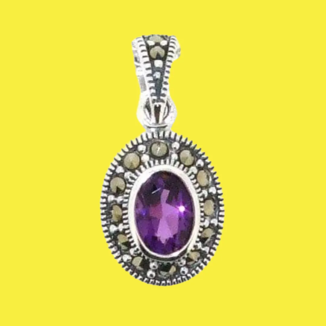 Amethyst Purple Pendant Necklace Silver Marcasite on chain
