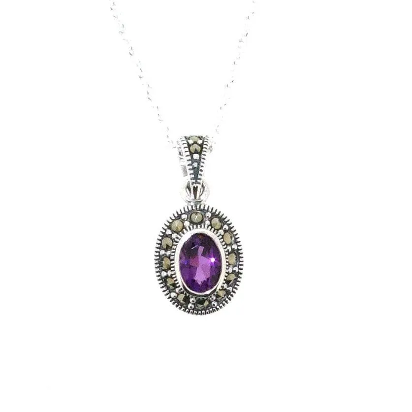 Amethyst Purple Pendant Necklace Silver Marcasite on chain
