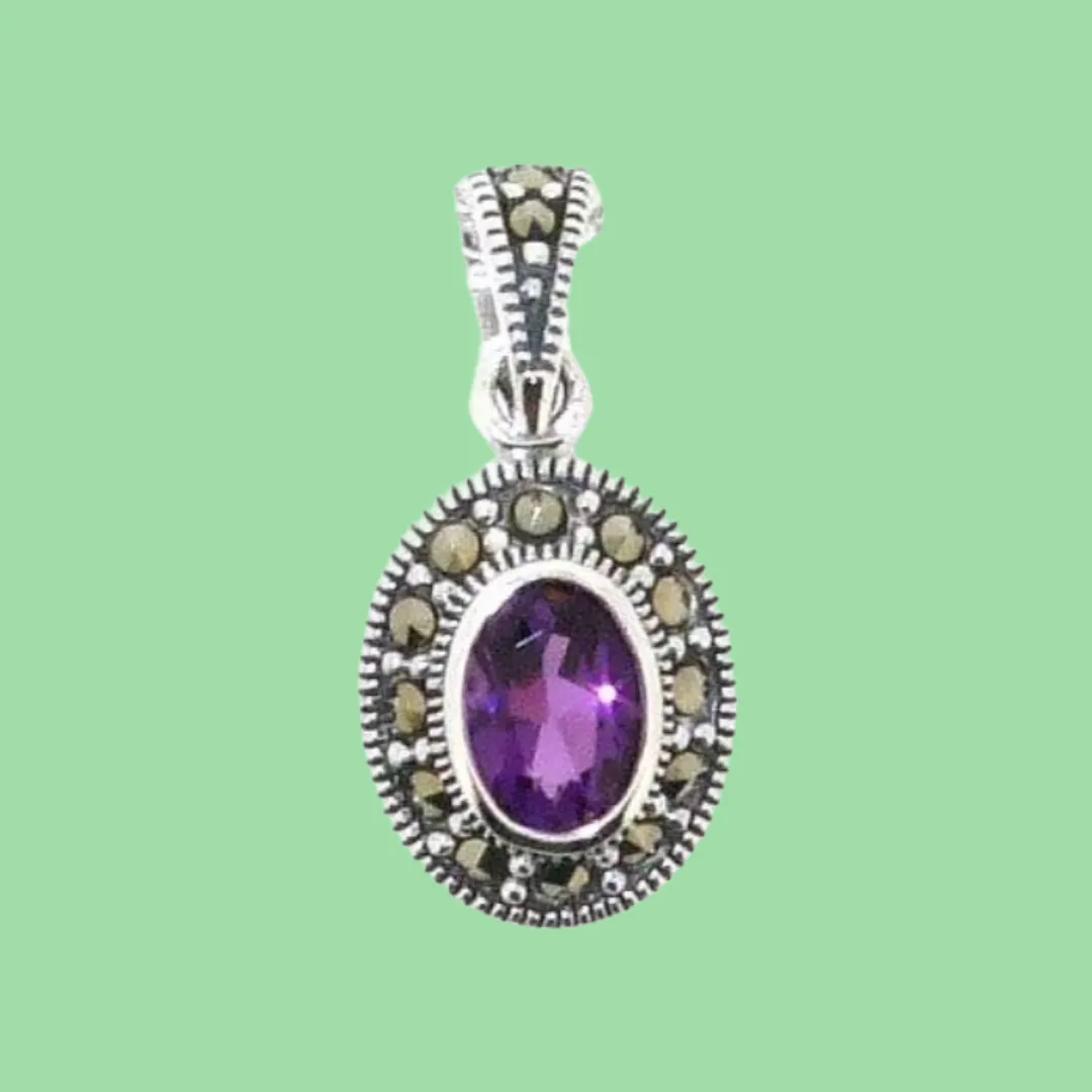 Amethyst Purple Pendant Necklace Silver Marcasite on chain